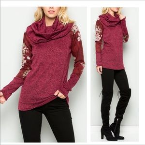 Acting Pro Burgundy Brushed Top With Floral Sleeves Cowl Neck Sizes M(2), XL(1)